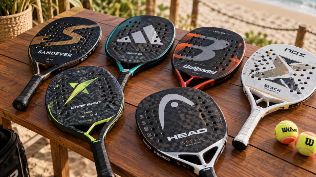 Primeira raquete de Beach Tennis: diferentes modelos sobre uma mesa